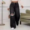 Jean délavé à trous, taille haute, jambes larges, coupe ample, style classique et décontracté, longueur au sol, idéal pour toutes les saisons.