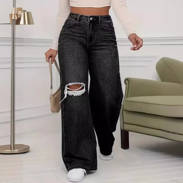 Jean délavé à trous, taille haute, jambes larges, coupe ample, style classique et décontracté, longueur au sol, idéal pour toutes les saisons.