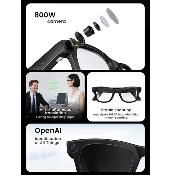Lunettes intelligentes 2026 : photos et vidéos HD, enregistrement OpenAI, traduction, tactile, verres photochromiques, appels Bluetooth, musique, multifonctions.