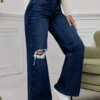 Jean délavé à trous, taille haute, jambes larges, coupe ample, style classique et décontracté, longueur au sol, idéal pour toutes les saisons.