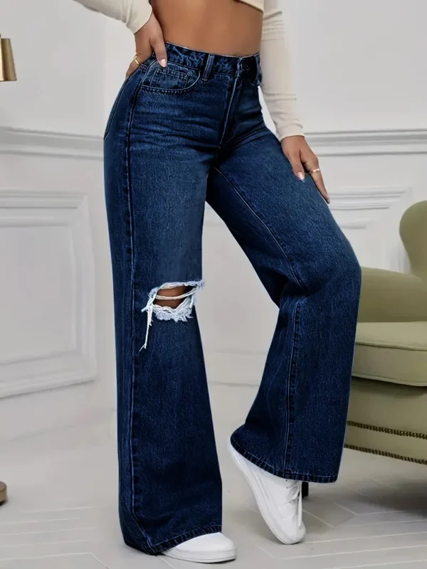 Jean délavé à trous, taille haute, jambes larges, coupe ample, style classique et décontracté, longueur au sol, idéal pour toutes les saisons.