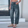 Jean boyfriend taille mi-haute pour femme, coupe ample, jambes larges, taille mi-haute, avec poches, délavage neuf