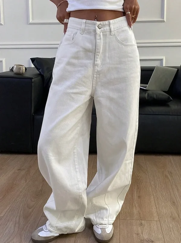 High Waist Jeans For Women Pocket Solid Color Retro Wide Leg Denim Pants Casual Streetwear Office Lady Loose Straight Trousers