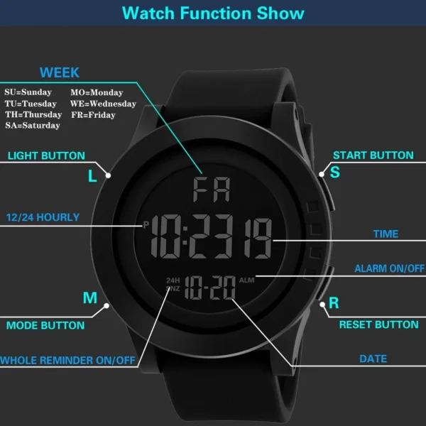 Montre numérique unisexe à grand cadran, éclairage LED, étanche, bracelet en caoutchouc, alarme, noire.