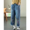 Jeans ethniques pour femmes, collection printemps-automne 2026. Pantalon ample à taille haute, brodé et jambes larges 9/4.