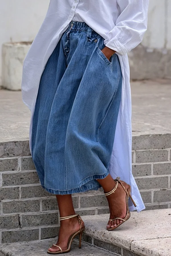 Jean court Daily Blue décontracté à poches et jambes larges, grande taille