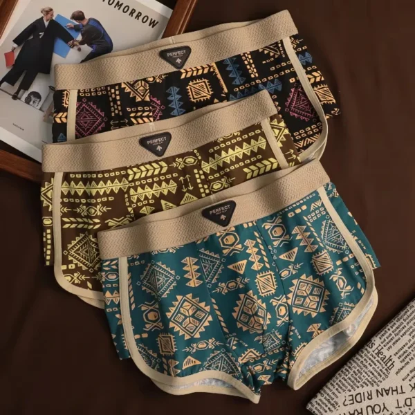 Boxer homme style ethnique rétro, slip confortable à imprimé vintage, sous-vêtement élastique, short taille mi-haute.
