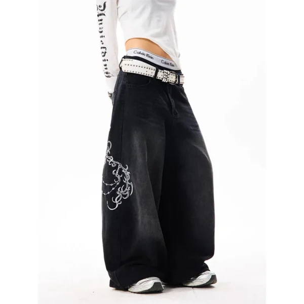 Jean baggy YIBASHU pour femme, broderie vintage années 2000, taille haute, jambes larges, style rétro américain Harajuku