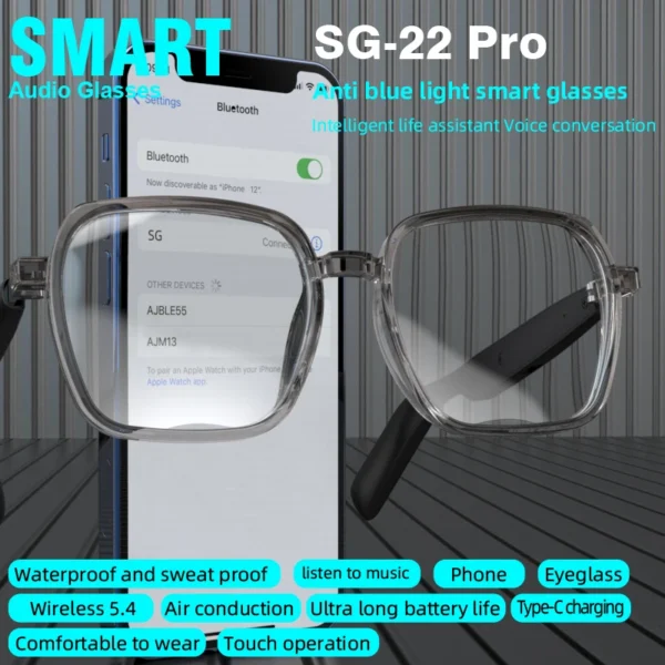 Sd3dc1ce32728495eae9fa57cf848f26fH.webp Lunettes intelligentes transparentes SG22 avec Bluetooth 5.4, audio à oreille ouverte, assistant vocal, chargement USB-C, légères et confortables