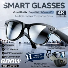 Lunettes intelligentes pour hommes avec caméra 4K HD 800 W, batterie externe 3600 mAh, traduction multilingue (plus de 100 langues), enregistrement vidéo, lecteur de musique et fonction appel.