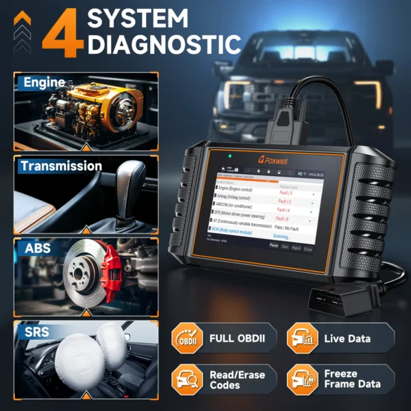 Scanner OBD2 FOXWELL NT716 (2026) : outil de diagnostic moteur et ABS/SRS avec 9 réinitialisations et contrôle bidirectionnel.