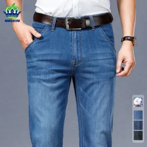Jean d'été classique en coton de haute qualité pour homme, coupe droite, style business, noir, disponible en grandes tailles (jusqu'à 40).