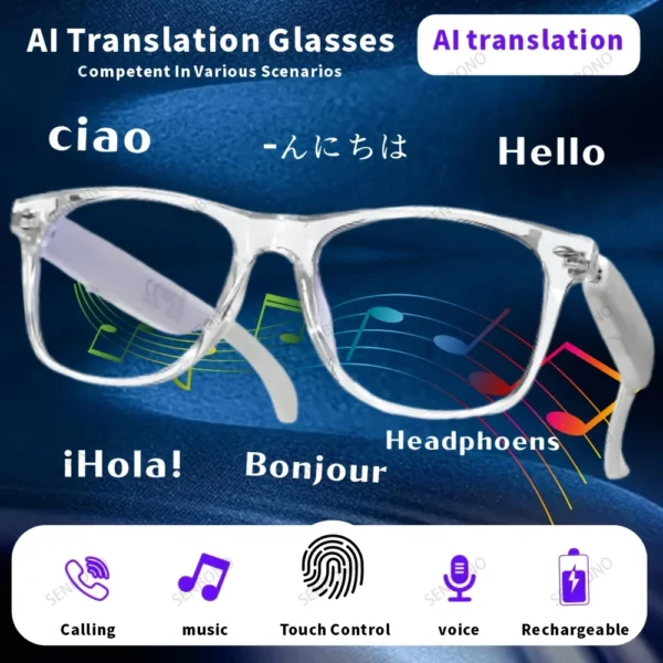 Lunettes connectées SENBONO pour hommes et femmes : appels Bluetooth, traduction IA, contrôle de la musique, réglage du volume, protection contre la lumière bleue.