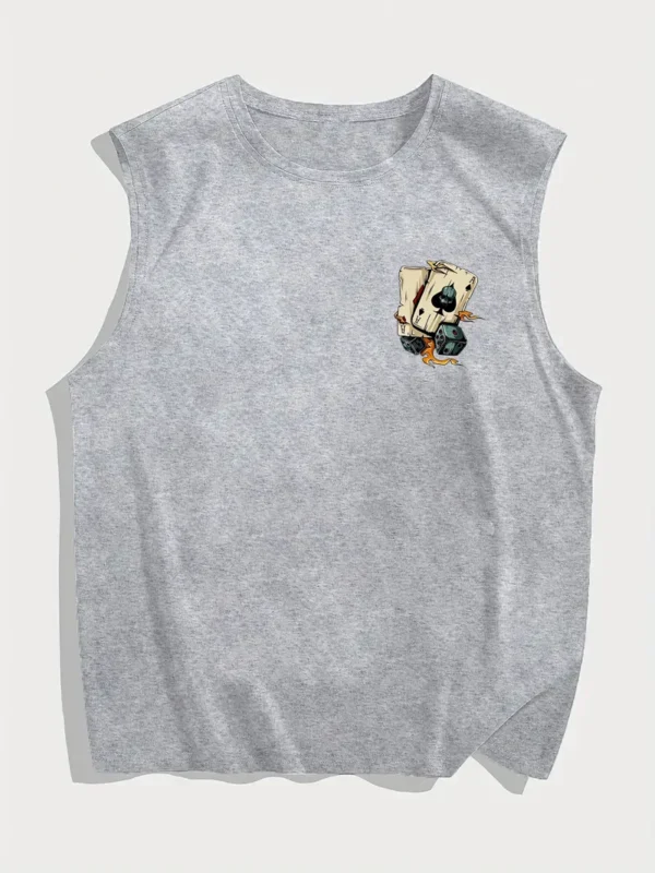 Men's Summer Leisure Sports Fitness Loose Dice and Poker Printed Comfortable Breathable Round Neck Sleeveless Tank Top