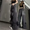 ean noir déchiré vintage tendance, pantalon large, pantalon droit taille haute pour femme, style baggy Y2K