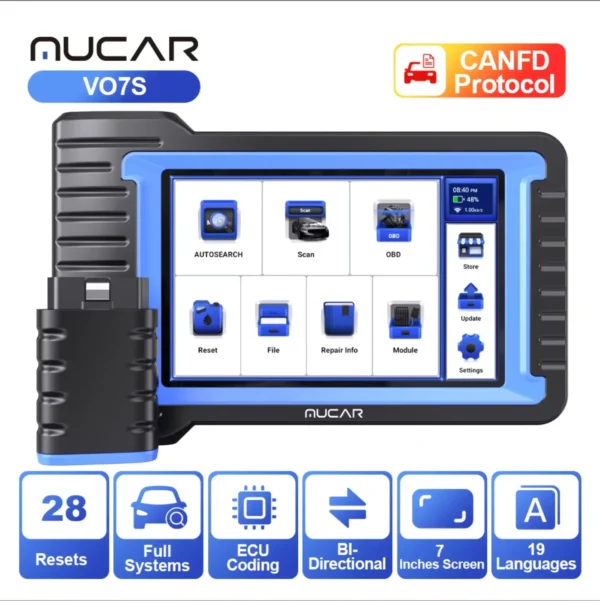 MUCAR VO7S/VO7 Outils de diagnostic automobile Diagnostic complet du système 28 Réinitialisation du calculateur et codage OBD2 bidirectionnel Scanner automobile Mise à jour gratuite