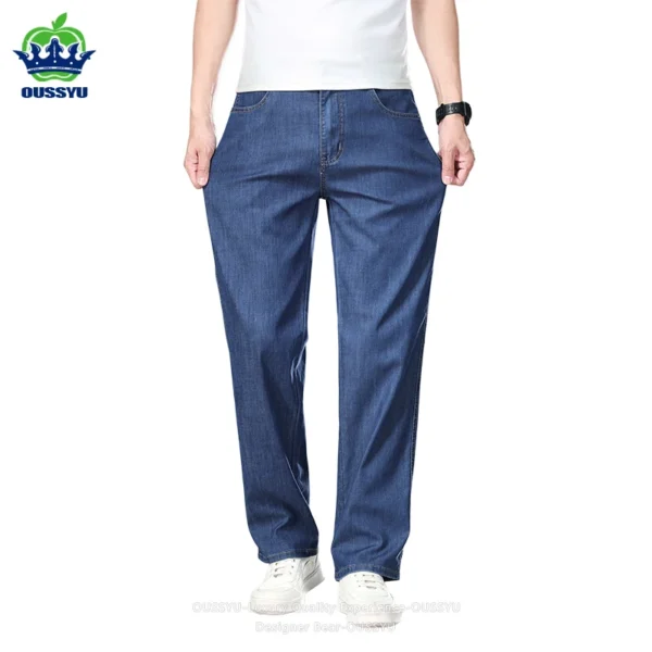 Jean ample droit d'été pour homme de haute qualité, pantalon en denim taille haute, style business casual, en lyocell, idéal pour le travail au bureau.