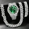 Ensemble de 3 montres hip-hop pour homme, ornées de strass, avec chaîne à maillons cubains et strass. Cadeau idéal pour femme.