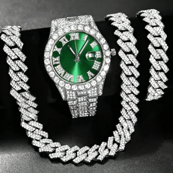 Ensemble de 3 montres hip-hop pour homme, ornées de strass, avec chaîne à maillons cubains et strass. Cadeau idéal pour femme.