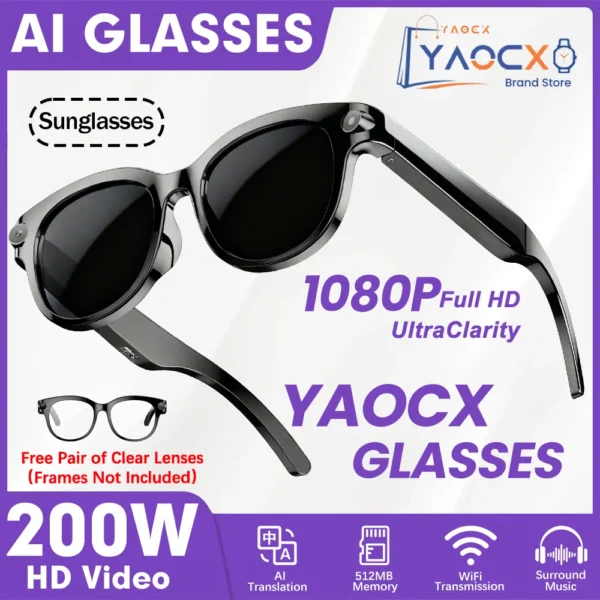 Lunettes intelligentes IA 2026 pour hommes et femmes : caméra HD 200 W, vidéo 1080p, assistant vocal IA, traduction, lecture de musique, lampe torche LED.