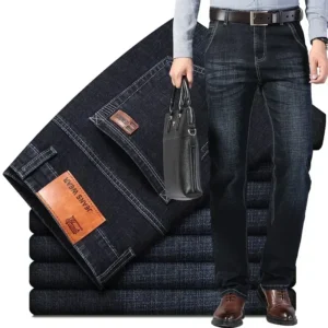 Jeans stretch pour homme, collection automne, coupe droite, style classique, pantalon en denim noir et bleu.
