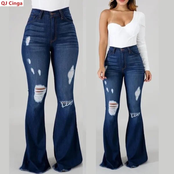 Sdacf2a6218fd47e28ea1e21f2d1536day.webp Jeans évasés bleus déchirés pour femmes, printemps-automne, pantalons en denim stretch noir, pantalons décontractés et élégants.