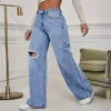 Jean délavé à trous, taille haute, jambes larges, coupe ample, style classique et décontracté, longueur au sol, idéal pour toutes les saisons.