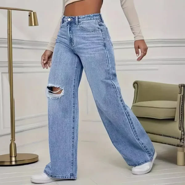 Jean délavé à trous, taille haute, jambes larges, coupe ample, style classique et décontracté, longueur au sol, idéal pour toutes les saisons.