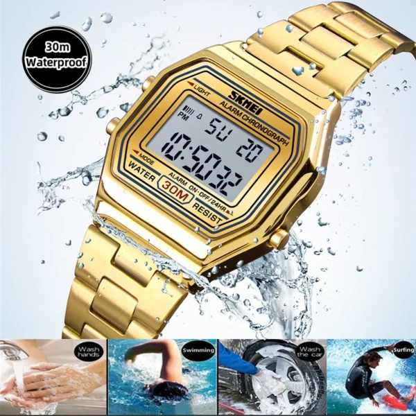 Montre-bracelet numérique de sport Skmei pour femme, étanche, avec bracelet en acier inoxydable de luxe, résistante aux chocs, chronographe LED et alarme.