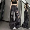 ean noir déchiré vintage tendance, pantalon large, pantalon droit taille haute pour femme, style baggy Y2K