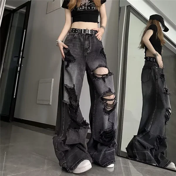 ean noir déchiré vintage tendance, pantalon large, pantalon droit taille haute pour femme, style baggy Y2K