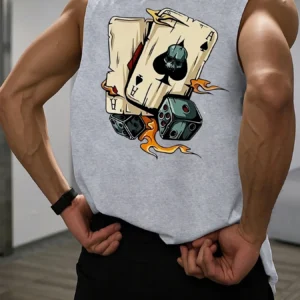 Men's Summer Leisure Sports Fitness Loose Dice and Poker Printed Comfortable Breathable Round Neck Sleeveless Tank Top