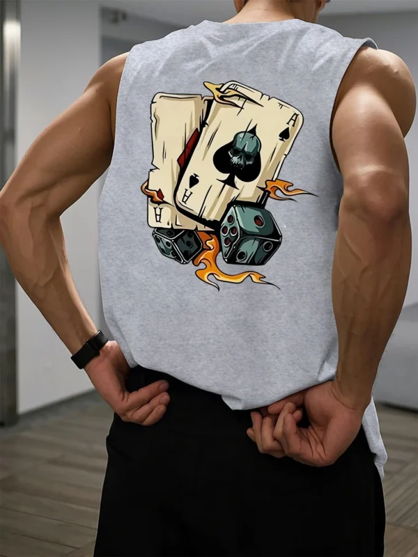 Men's Summer Leisure Sports Fitness Loose Dice and Poker Printed Comfortable Breathable Round Neck Sleeveless Tank Top