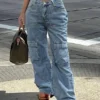 Jeans femme collection printemps-automne 2026, style rétro, multipoches, taille haute, streetwear, décontracté, coupe droite
