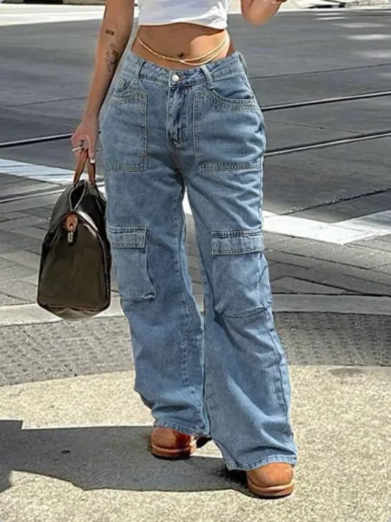 Jeans femme collection printemps-automne 2026, style rétro, multipoches, taille haute, streetwear, décontracté, coupe droite