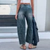 Jean boyfriend taille mi-haute pour femme, coupe ample, jambes larges, taille mi-haute, avec poches, délavage neuf