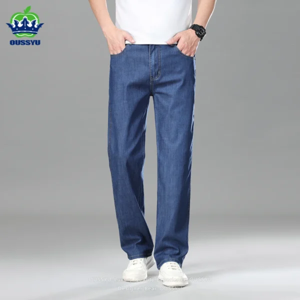 Jean ample droit d'été pour homme de haute qualité, pantalon en denim taille haute, style business casual, en lyocell, idéal pour le travail au bureau.