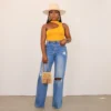 Jean femme longueur cheville troué, coupe ample et droite, braguette zippée, poches, couleur unie, denim légèrement extensible, style streetwear