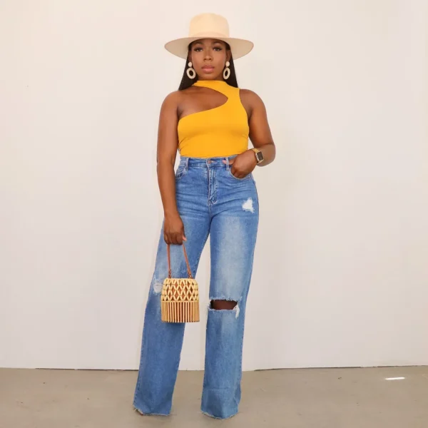 Jean femme longueur cheville troué, coupe ample et droite, braguette zippée, poches, couleur unie, denim légèrement extensible, style streetwear