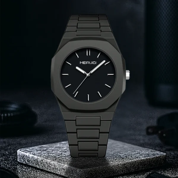 Montre à quartz pour homme, style minimaliste noir, aiguilles octogonales, à clous.