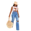 Jean femme longueur cheville troué, coupe ample et droite, braguette zippée, poches, couleur unie, denim légèrement extensible, style streetwear