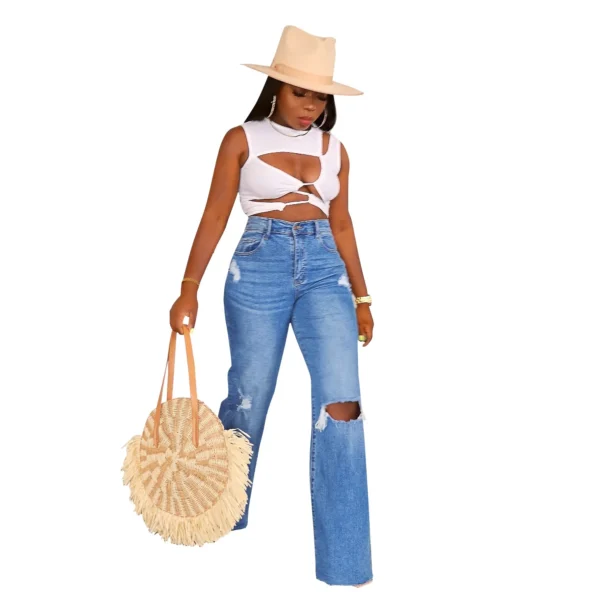 Jean femme longueur cheville troué, coupe ample et droite, braguette zippée, poches, couleur unie, denim légèrement extensible, style streetwear