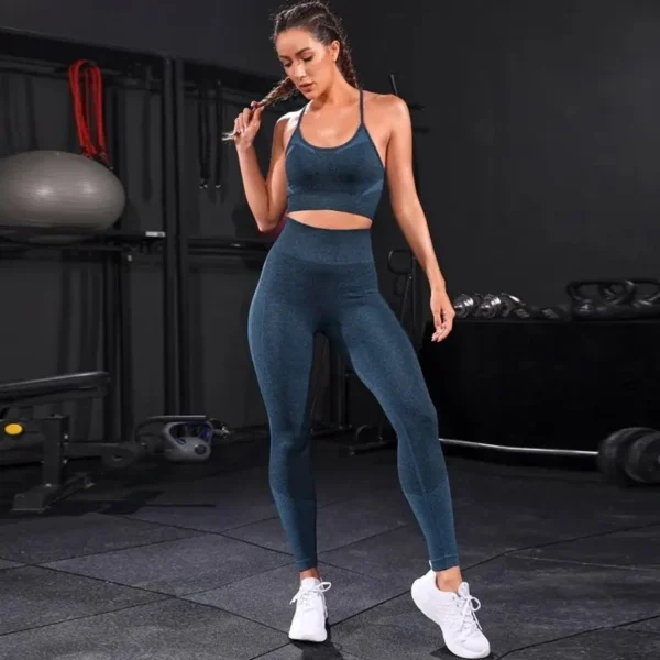 Ensemble de survêtement 2 pièces pour femme, sans coutures, idéal pour le yoga, le sport et la gym. Leggings taille haute et tenue de fitness.