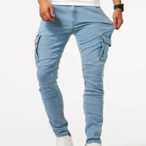 Pantalon cargo en denim élastique Street Jeans pour homme, coupe slim, couleur unie, plusieurs poches, style décontracté, taille mi-haute, idéal au quotidien.