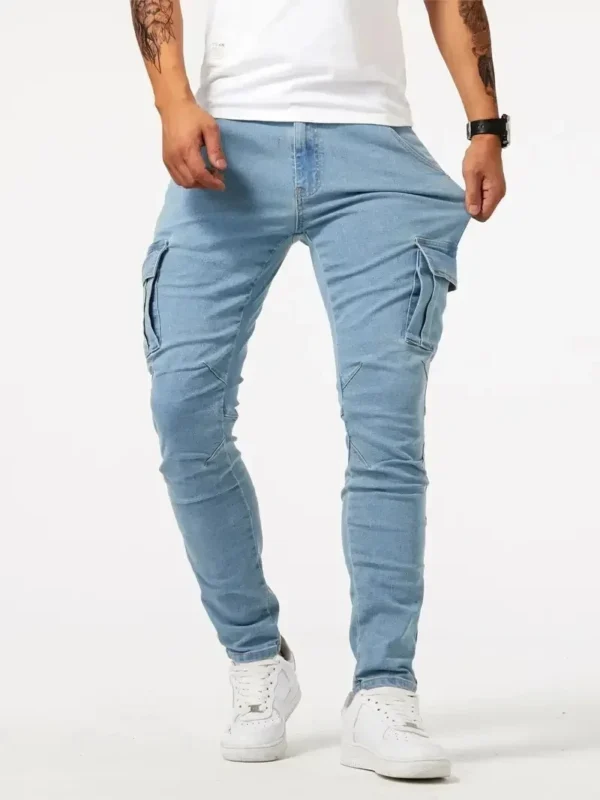 Sf1f926d0fe3f4ac49b8b76cd9f0ac8e1r.webp Pantalon cargo en denim élastique Street Jeans pour homme, coupe slim, couleur unie, plusieurs poches, style décontracté, taille mi-haute, idéal au quotidien.