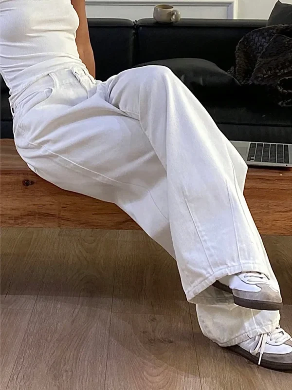 High Waist Jeans For Women Pocket Solid Color Retro Wide Leg Denim Pants Casual Streetwear Office Lady Loose Straight Trousers