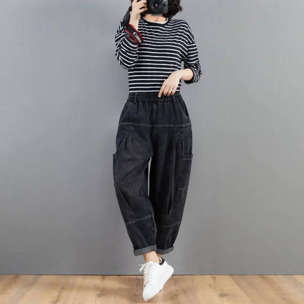 Sf3f894f81ddd4e76860e2a79cd9487f1P.webp Pantalon harem en jean oversize pour femme, taille élastique, jambes larges, délavé, coupe ample, style rétro streetwear