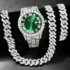 Ensemble de 3 montres hip-hop pour homme, ornées de strass, avec chaîne à maillons cubains et strass. Cadeau idéal pour femme.