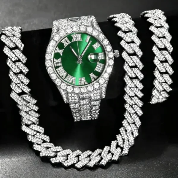 Ensemble de 3 montres hip-hop pour homme, ornées de strass, avec chaîne à maillons cubains et strass. Cadeau idéal pour femme.