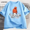 Octopus Orange Beanie Cotton T-shirt Japanese Style Graphic Tees Casual Cotton Short Sleeve Round Neck Tshirts Unisex Clothes